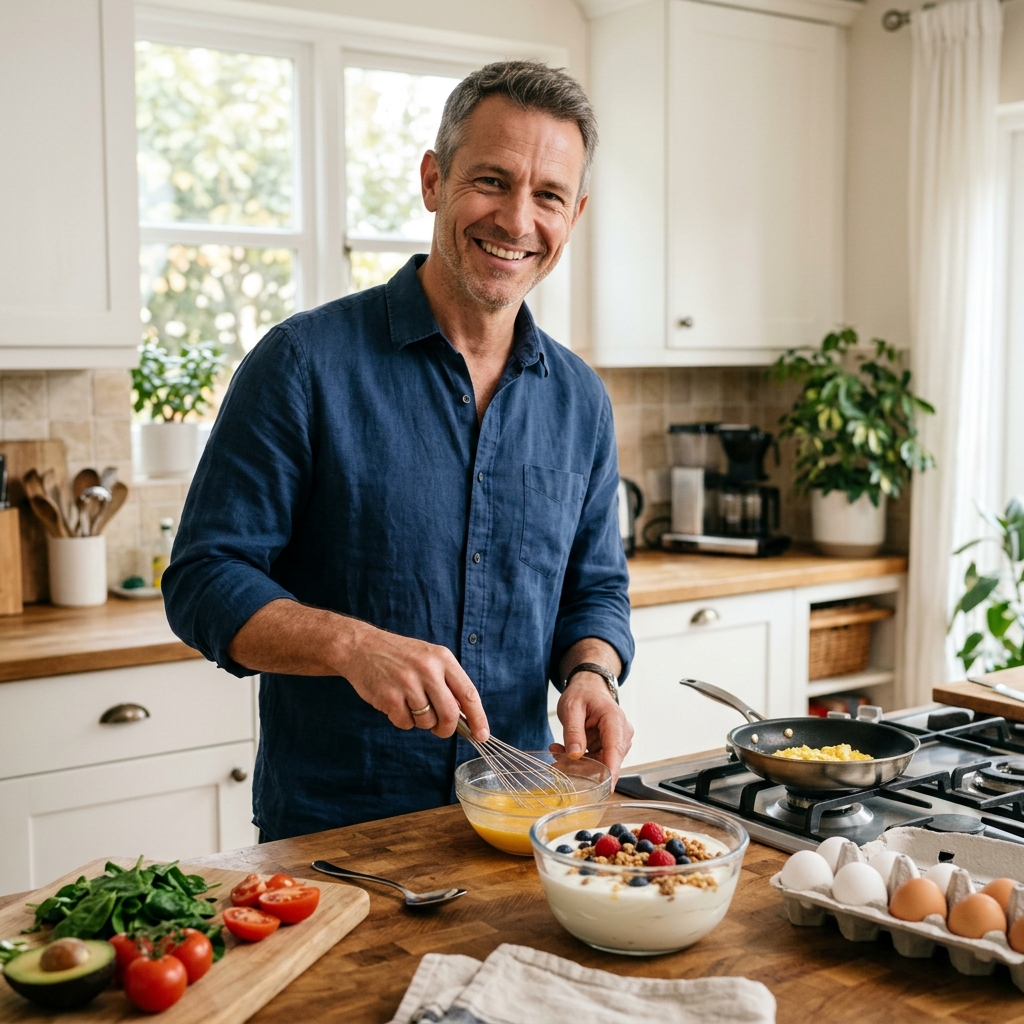 Femme souriante préparant un petit-déjeuner protéiné dans sa cuisine