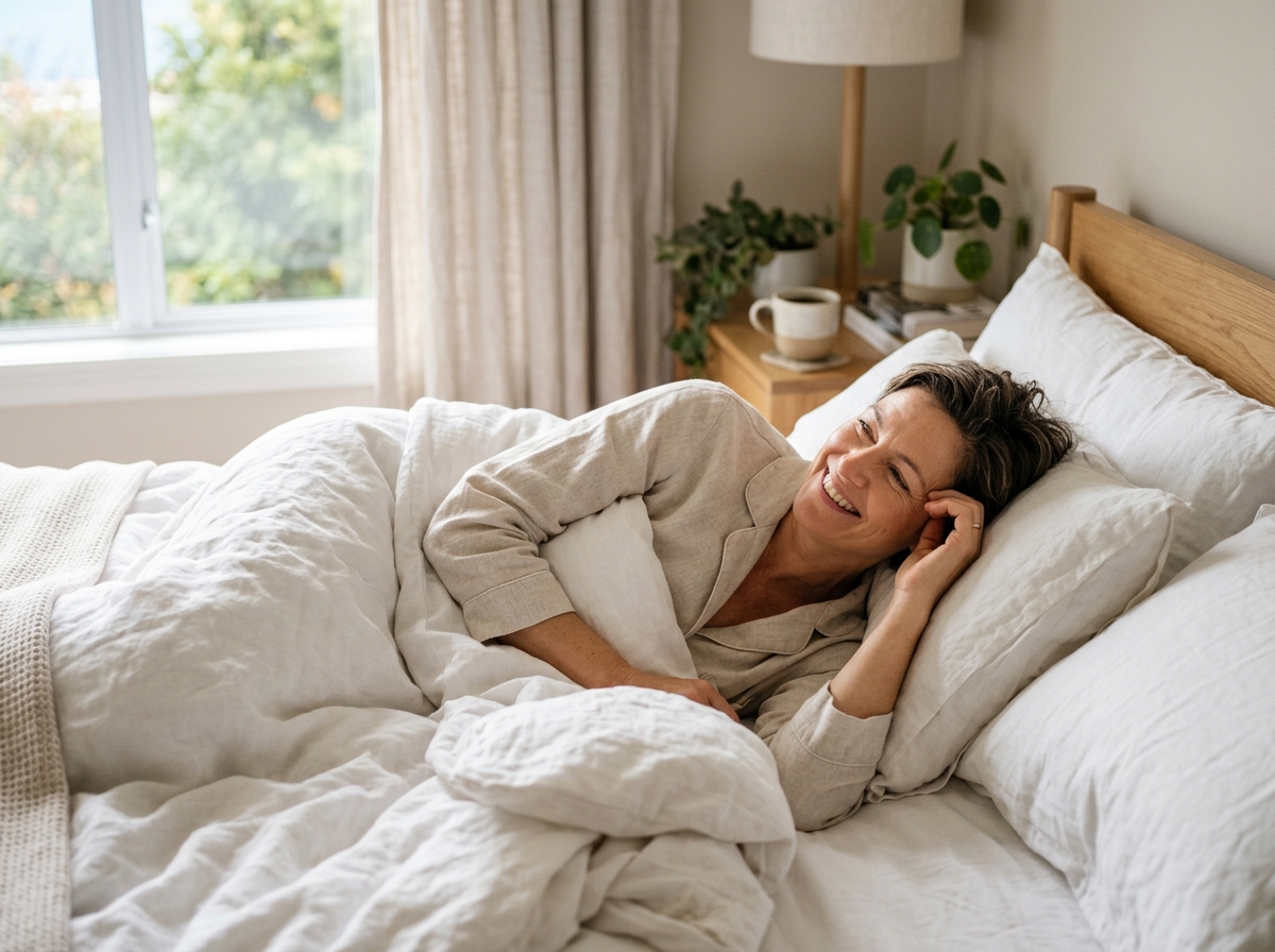 Femme se réveillant reposée dans une chambre lumineuse