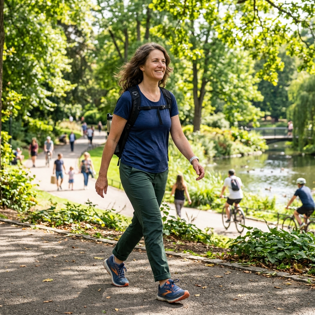 Femme marchant en plein air dans la journée pour favoriser un bon sommeil