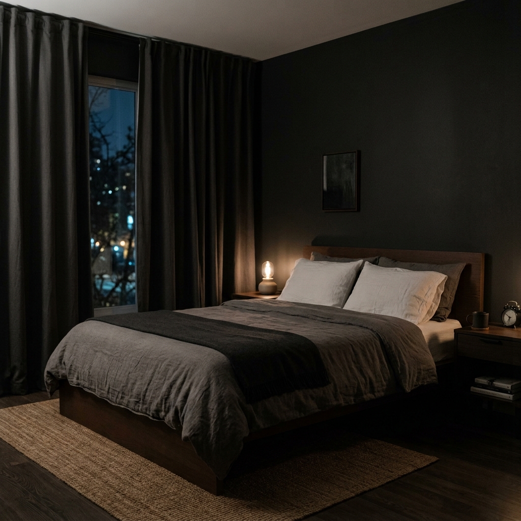 Chambre à coucher fraîche, sombre et apaisante avec rideaux occultants